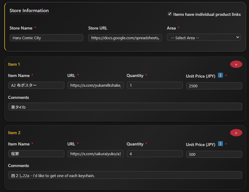 Item-by-item offline order form example for event purchases