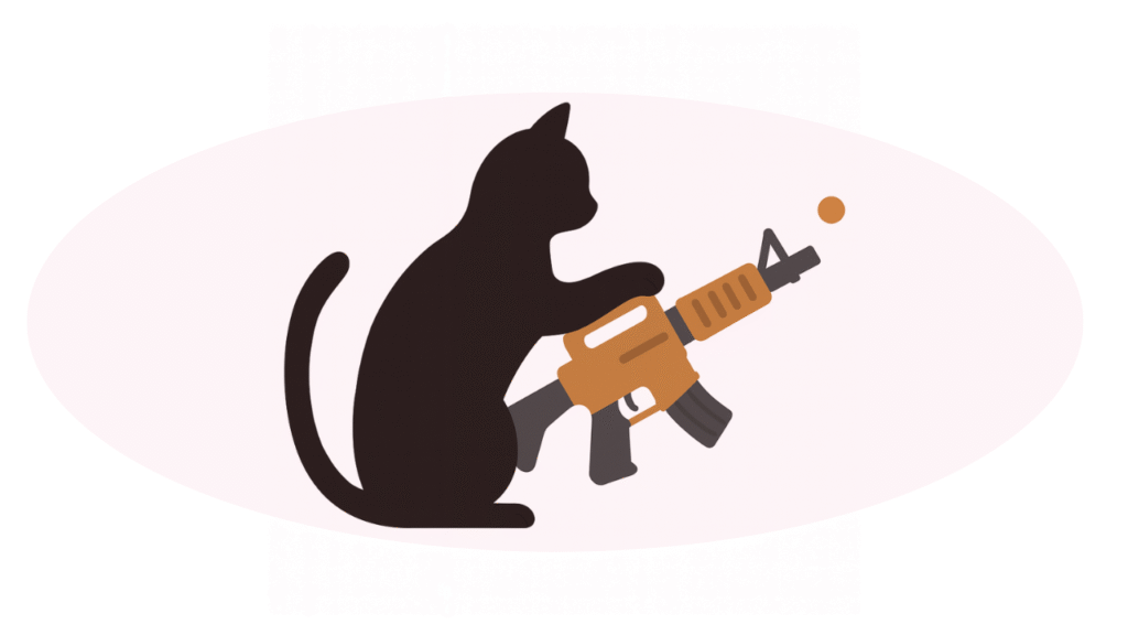 Lunarcat mascot holding a cartoon-style airsoft rifle on a white and pink background