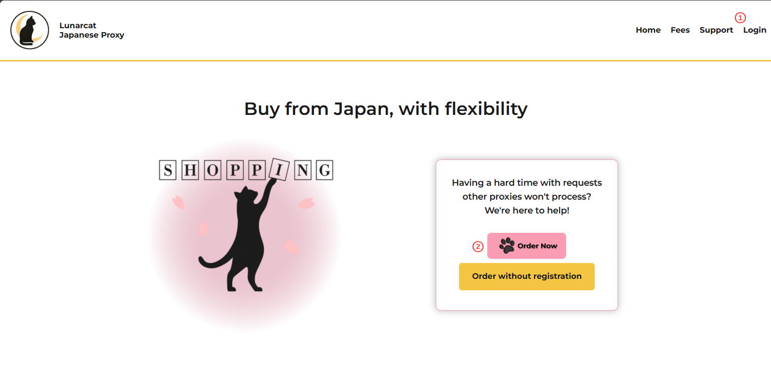 Homepage with login and order options
