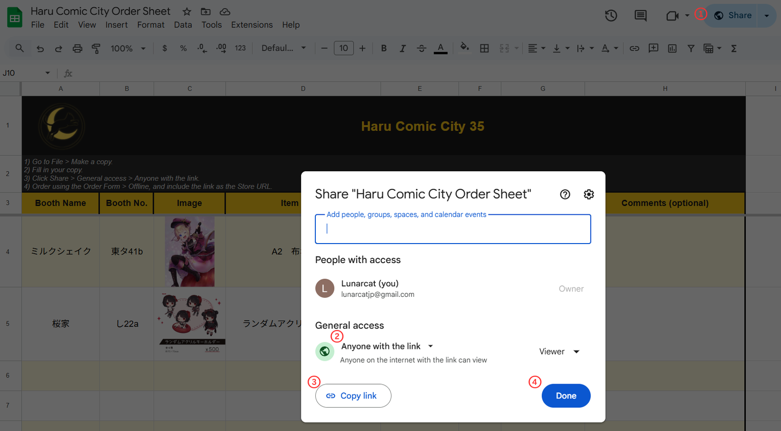 How to share a Google Sheet link for event orders