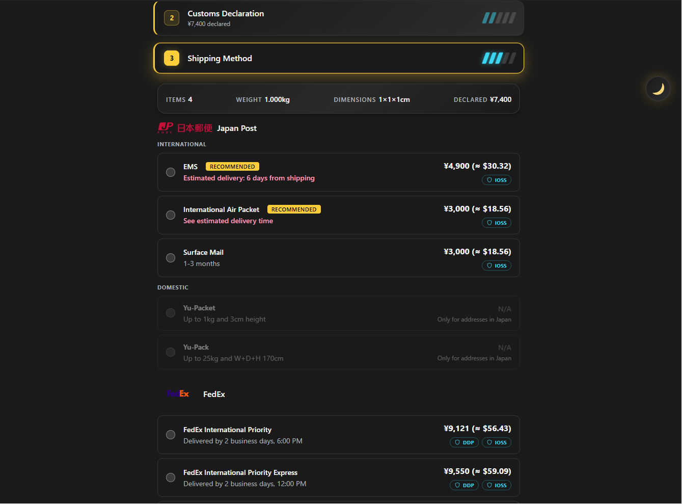 Checkout step showing DDP/IOSS availability per shipping method
